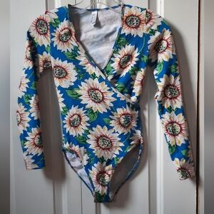 American Apparel Blue Sunflower Wrap-Front One-Piece Bodysuit